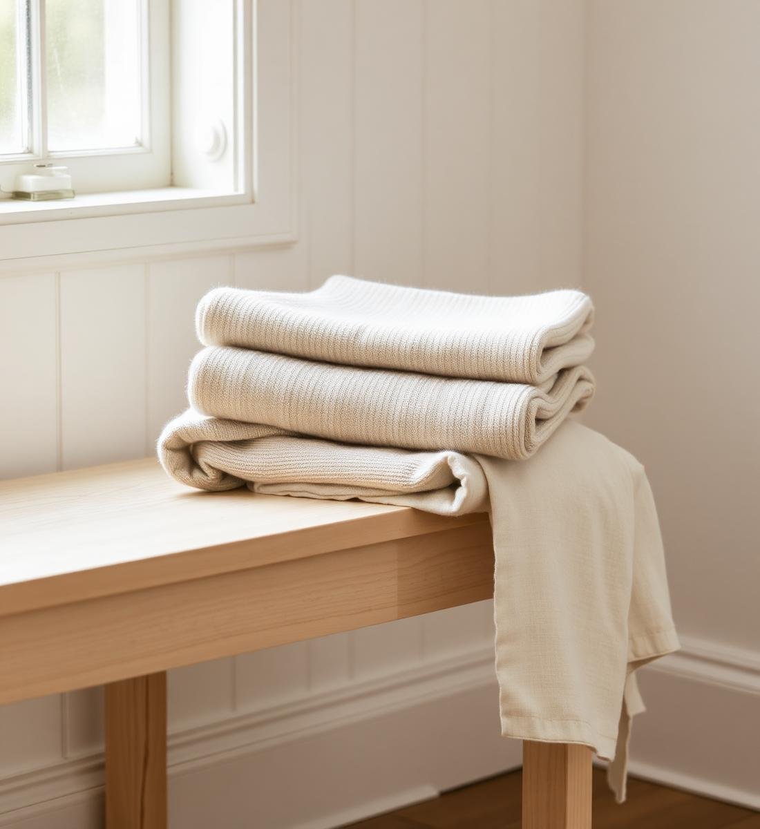 Folded cashmere knitwear on a wooden bench
