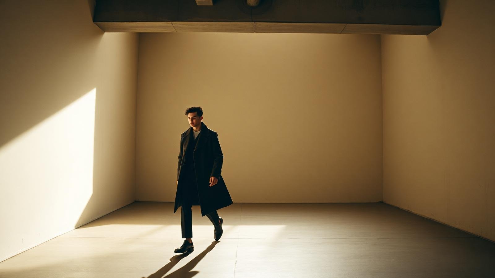 Model in a long autumn coat in a sunlit gallery space