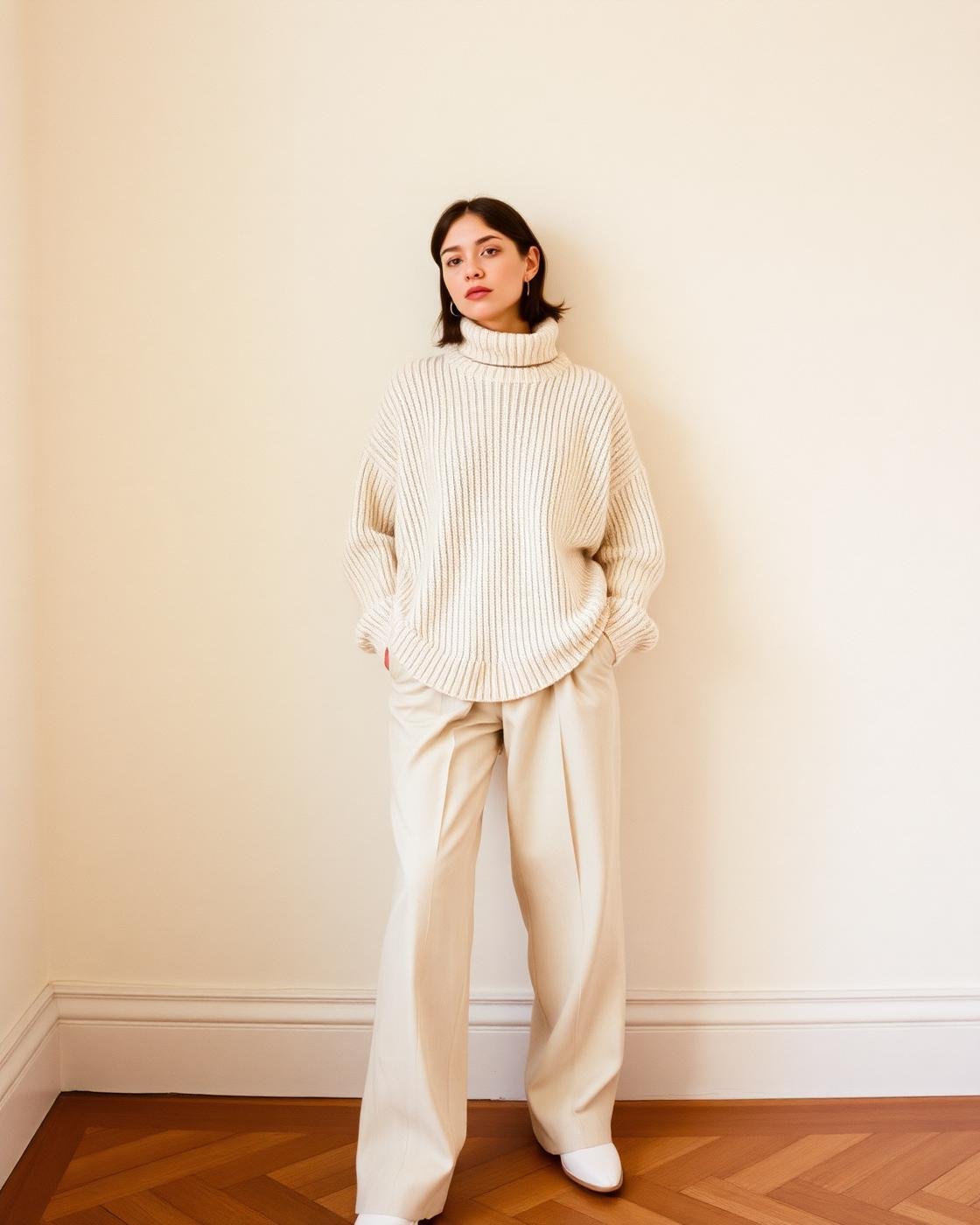 Model wearing an oversized cream knit and tailored trousers